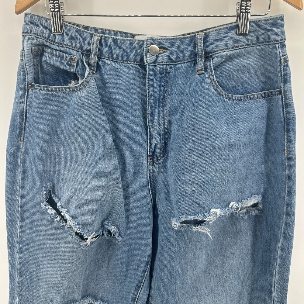 Fashion Nova Jeans Womens 15 Blue Distressed Denim High Rise Relaxed Straight - Picture 2 of 11